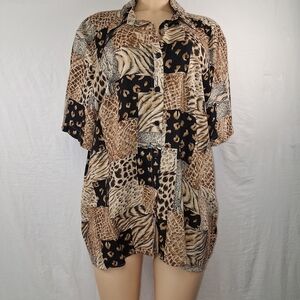 Alfred Dunner Women Brown and Black Patchwork Animal Print Button-Down Shirt